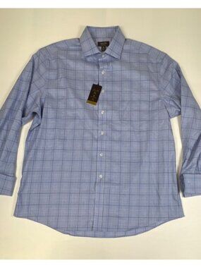 Tasso Elba Men XL 17 34-35 Dress Shirt Blue Plaid Non-Iron Supima Cotton Stretch